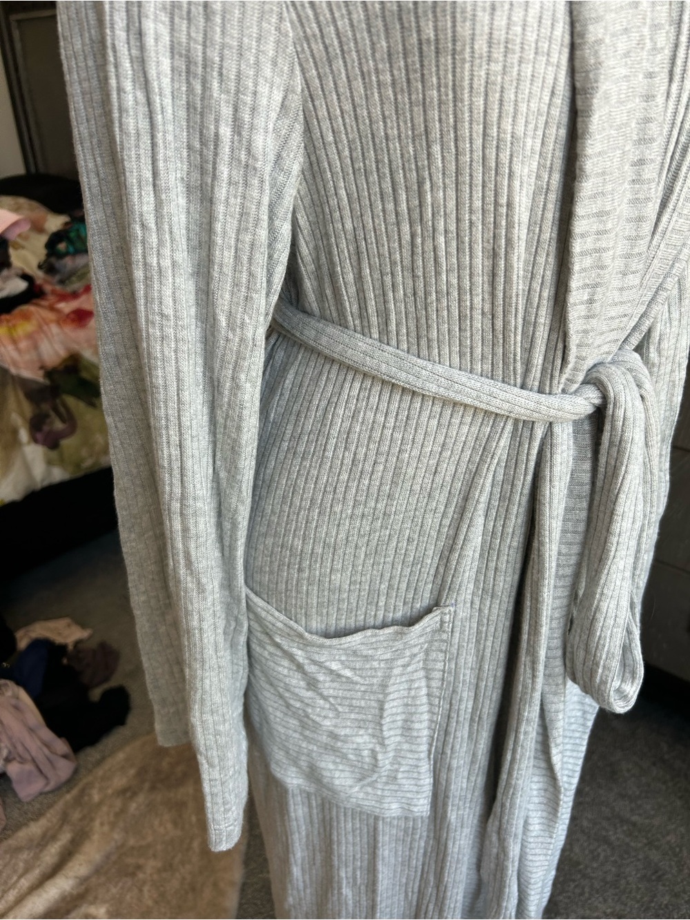 Nordstrom Light Gray Ribbed Knit Long Robe with Belt - Picture 4 of 4